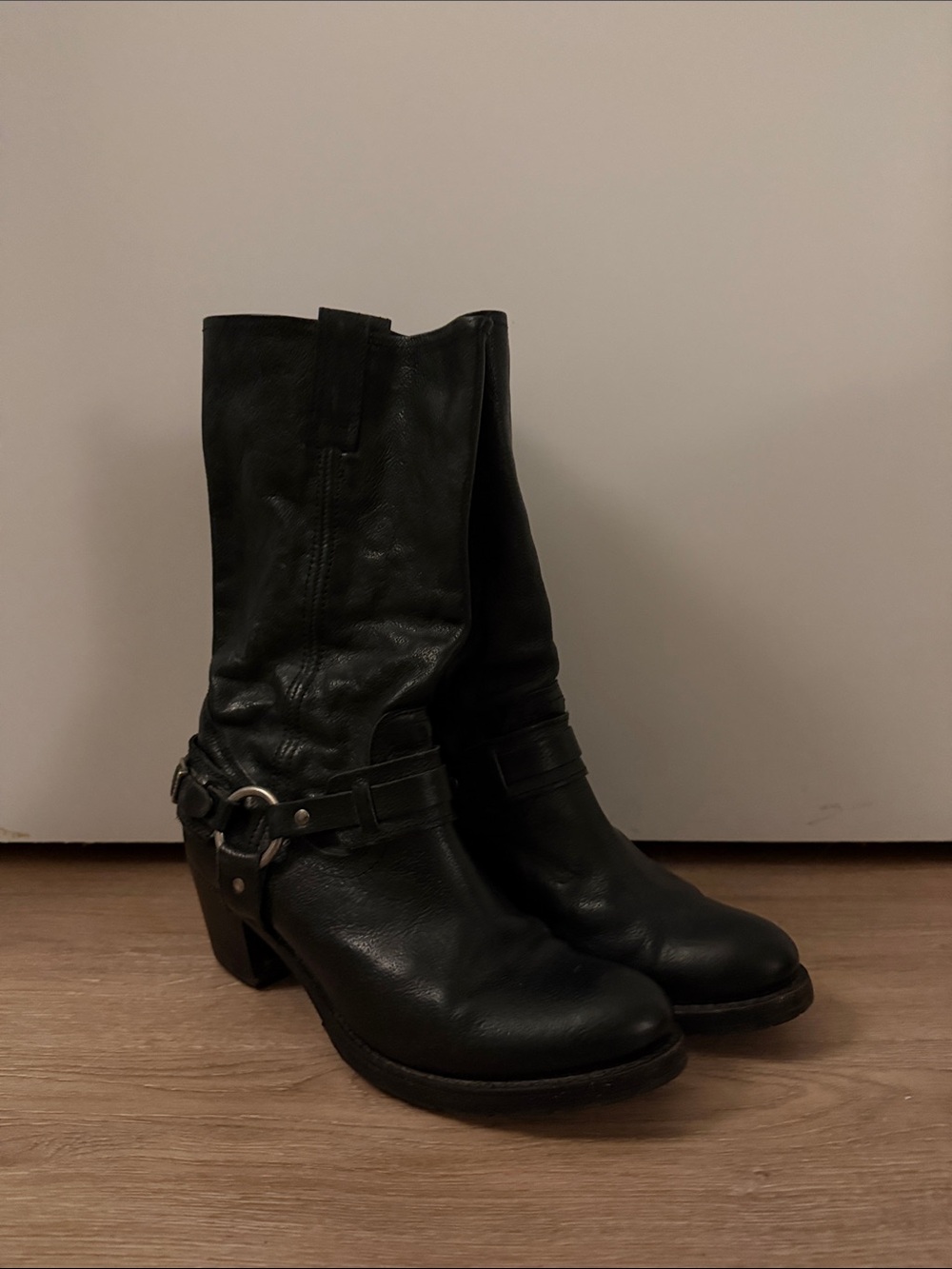 Frye Black Leather Mid-Calf Harness Heeled Boots